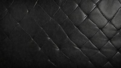 The primary subject of the image is a close-up of a black leather material. The setting is a black background, which provides a contrasting and dramatic effect. The visual style is a close-up of the leather material, showcasing its texture and details. The colors in the image are predominantly black, giving the scene a moody and sophisticated atmosphere.