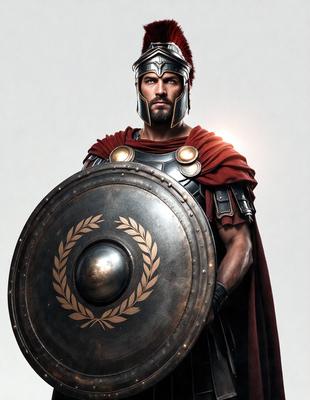 The primary subject of the image is a man dressed in Roman armor, holding a large shield. He is standing in front of a white background, which emphasizes the contrast between his costume and the plain surface. The visual style of the image is a combination of digital art and illustration, creating a detailed and realistic representation of the Roman warrior. The colors and mood of the image are predominantly dark, with the man's costume and shield being the main focus, evoking a sense of strength and power.