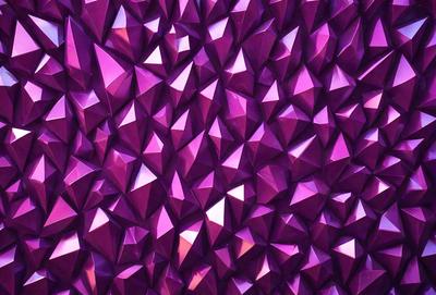 The primary subject of the image is a large, purple wall with a pattern of triangles. The setting is a room with a purple background, and the visual style appears to be a combination of digital art and illustration. The dominant colors are purple and pink, creating a warm and inviting atmosphere.