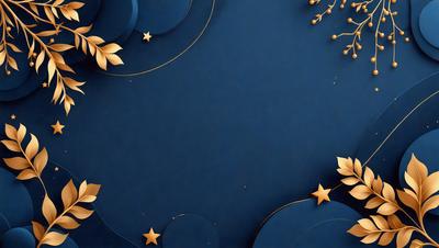 The primary subject of the image is a blue wall with a pattern of stars and gold leaves. The setting is a room with a blue background, and the visual style is a combination of digital art and illustration. The dominant colors are blue and gold, creating a calm and serene atmosphere.
