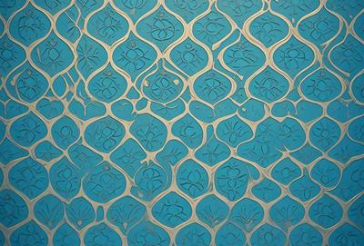 The primary subject of the image is a blue wall with a pattern of white flowers. The setting is a room with a blue background, and the visual style appears to be a combination of a photo and digital art. The dominant colors are blue and white, creating a calm and serene atmosphere.