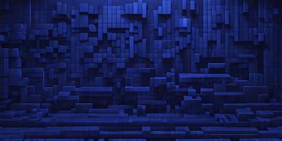 The primary subject of the image is a blue brick wall. The setting is a dark room with a blue brick wall as the main focus. The visual style is a digital art or illustration, as the wall appears to be a digital creation. The dominant colors are blue and black, creating a moody atmosphere.
