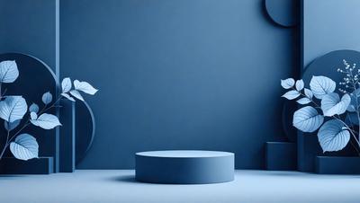 The primary subject of the image is a blue wall with a white circle on it. The setting is a room with a blue background, and the visual style is a photo. The dominant colors are blue and white, creating a calm and serene atmosphere.