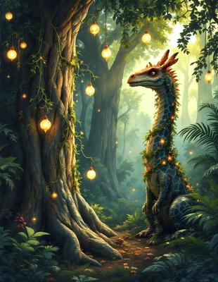 The primary subject of the image is a large, long-necked dinosaur standing in a forest. The setting is a lush, green forest with trees and plants surrounding the dinosaur. The visual style is a digital art or illustration, creating a vibrant and detailed scene. The colors and mood of the image are predominantly green, with the dinosaur being the main focus, and the forest providing a serene and natural backdrop.