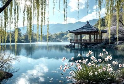 Primary subject: A small pavilion or gazebo on a lake.

Setting/background: The pavilion is situated on a small island in the middle of a lake, surrounded by water.

Visual style: The image is a photo of the pavilion and its surroundings.

Colors and mood: The scene is serene and peaceful, with the pavilion and the lake creating a calm and relaxing atmosphere.