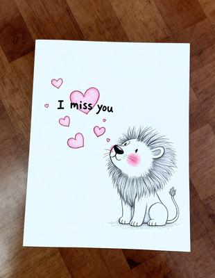 The primary subject of the image is a lion, which is the main object, scene, or focus of the image. The lion is sitting on a wooden surface, which serves as the setting or background. The visual style of the image is a drawing or illustration, as it is not a photo or digital art. The colors and mood of the image are predominantly pink and white, giving it a warm and friendly atmosphere.