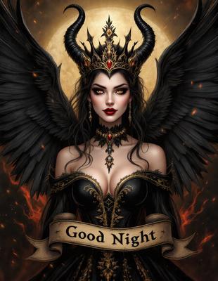 The primary subject of the image is a woman dressed in a black and gold costume, with a crown on her head. She is wearing a necklace and has a red lipstick on. The setting is a dark and dramatic environment, with a fire in the background. The visual style is a digital art, illustration, or drawing, creating a striking and captivating image. The colors and mood are dark and intense, with the red lipstick adding a touch of vibrancy to the overall atmosphere.