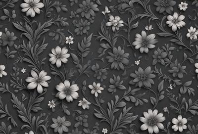 The primary subject of the image is a pattern of flowers, which are the main objects in the scene. The setting is a black background, which contrasts with the white flowers. The visual style is a combination of digital art and illustration, creating a unique and artistic representation of the flowers. The colors and mood of the image are predominantly white and black, giving it a clean and elegant appearance.