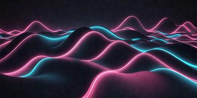 The primary subject of the image is a mountainous landscape with a blue and pink gradient. The setting is a dark background, which contrasts with the vibrant colors of the mountain range. The visual style is a digital art or illustration, creating a unique and eye-catching scene. The dominant colors are blue and pink, giving the image a lively and energetic atmosphere.