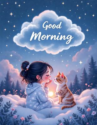The primary subject of the image is a young girl sitting on a cloud, accompanied by a cat. The setting is a whimsical, dreamy environment with a cloudy sky and a pink and blue color scheme. The visual style is a digital art or illustration, creating a warm and inviting atmosphere.