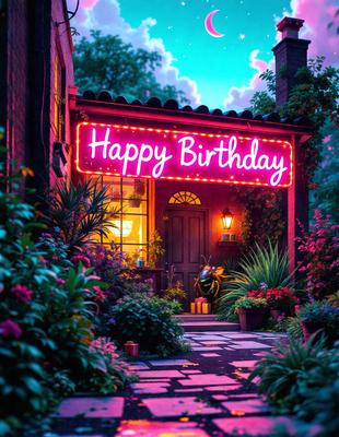 The image features a house with a pink neon sign that reads "Happy Birthday." The house is surrounded by a garden with various potted plants, creating a warm and inviting atmosphere. The scene is set in a colorful, artistic style, giving it a vibrant and lively appearance.