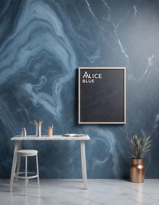 The primary subject of the image is a chalkboard with the word "Alice Blue" written on it. The setting is a room with a blue marble wall, a table with a vase and a potted plant on it. The visual style is a photo, and the colors and mood are predominantly blue, creating a calm and serene atmosphere.