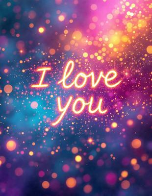The primary subject of the image is the phrase "I love you," which is written in a bright, colorful, and eye-catching manner. The setting is a background of a colorful, swirling, and sparkling pattern, which adds a vibrant and lively atmosphere to the scene. The visual style of the image is a combination of digital art and illustration, creating a unique and captivating presentation. The colors and mood of the image are predominantly bright and cheerful, with the use of various shades of pink, blue, and yellow contributing to the overall positive and uplifting vibe.