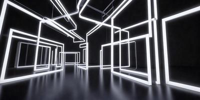 The primary subject of the image is a large, brightly lit room with a black background. The room is filled with a series of white, illuminated boxes, creating a visually striking and futuristic atmosphere. The setting appears to be a modern, industrial space, possibly a museum or an art installation. The visual style of the image is a combination of digital art and photography, with the white boxes and black background creating a striking contrast. The colors and mood of the image are predominantly black and white, with the white boxes and illumination giving the space a clean, minimalist, and futuristic feel.