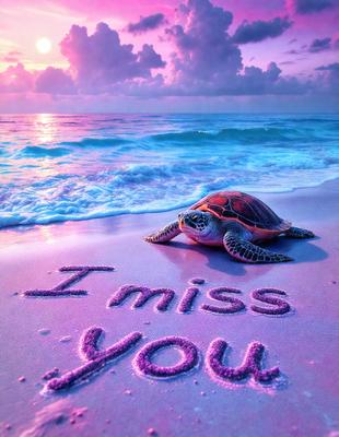 The image features a beautiful beach scene with a turtle laying on the sand. The turtle is positioned in the center of the scene, and the sand appears to be pink. The beach is bathed in a warm, pink light, creating a serene and inviting atmosphere. The visual style of the image is a combination of photo and digital art, giving it a unique and artistic appearance.