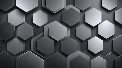 The primary subject of the image is a pattern of hexagonal shapes, which are arranged in a grid-like formation. The setting is a black background, which contrasts with the silver or grey color of the hexagons. The visual style appears to be a combination of digital art and illustration, creating a modern and sleek appearance. The dominant colors are silver or grey, with the hexagons being the main focus of the image. The overall atmosphere is clean, minimalistic, and visually appealing.