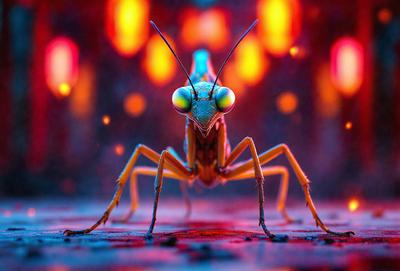 The primary subject of the image is a close-up of a large, colorful insect, possibly a grasshopper or a dragonfly, with a blue and yellow color scheme. The insect is standing on a brick surface, which serves as the setting or background of the image. The visual style of the image is a combination of photo and digital art, creating a unique and eye-catching representation of the insect. The colors and mood of the image are vibrant and lively, with the blue and yellow hues adding a sense of energy and liveliness to the scene.
