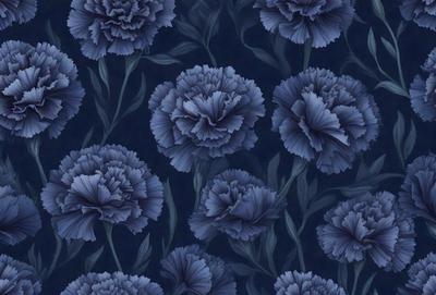 The primary subject of the image is a pattern of blue flowers, which are the main objects in the scene. The setting is a blue background, which creates a visually appealing contrast with the flowers. The visual style of the image is a combination of photo and digital art, as it features a close-up view of the flowers with a slightly blurred background. The dominant colors in the image are blue and purple, giving the overall atmosphere a calm and serene mood.