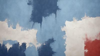 The primary subject of the image is a blue wall with a pattern of dripping paint. The setting is a room with a blue background. The visual style is a combination of a photo and digital art, creating a unique and artistic appearance. The dominant colors are blue and white, with the dripping paint adding a sense of movement and creativity to the overall atmosphere.
