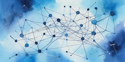 The primary subject of the image is a blue and white painting of a network of interconnected lines. The setting is a blue background, and the visual style appears to be a digital art or illustration. The dominant colors are blue and white, creating a calm and serene atmosphere.