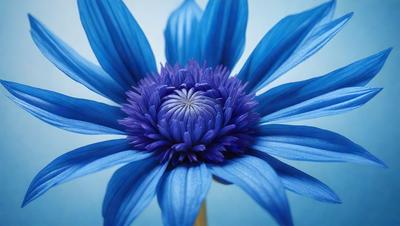 The primary subject of the image is a large, blue flower with a white center. The flower is prominently displayed in the foreground, with a blue background behind it. The visual style of the image is a close-up of the flower, showcasing its details and beauty. The dominant colors in the image are blue and white, creating a serene and calming atmosphere.