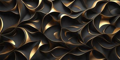 The primary subject of the image is a close-up of a gold and black patterned wallpaper. The setting is a black and gold wallpaper, which creates a visually striking and luxurious atmosphere. The visual style is a close-up of the wallpaper, showcasing its intricate design and texture. The colors and mood of the image are predominantly black and gold, giving it a sophisticated and elegant appearance.