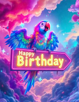 The primary subject of the image is a colorful parrot, which is the main focus of the scene. The parrot is perched on a pink sign that reads "Happy Birthday." The setting is a vibrant and colorful background, likely a digital art or illustration. The visual style is a mix of realism and artistic expression, with the parrot being a realistic representation while the sign and background are more artistic. The colors and mood of the image are lively and cheerful, with the pink sign and the parrot's vivid colors creating a joyful atmosphere.