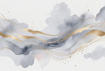 The primary subject of the image is a painting or drawing of a wave, featuring gold and blue colors. The setting is a white background, and the visual style appears to be a combination of digital art and illustration. The painting or drawing creates a sense of motion and fluidity, with the gold and blue colors contributing to a calming and serene atmosphere.