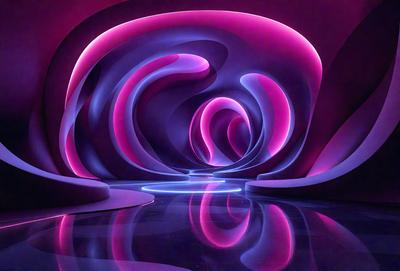 The primary subject of the image is a large, pink tunnel that appears to be made of glass. The tunnel is illuminated by a blue light, creating a striking contrast between the pink and blue colors. The setting is a futuristic environment, with the tunnel being the main focus of the scene. The visual style of the image is a combination of photo and digital art, creating a unique and captivating atmosphere. The dominant colors of the image are pink and blue, with the pink tunnel being the most prominent feature.