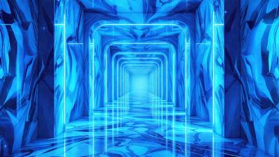 The primary subject of the image is a long, narrow hallway with a blue lighting effect. The setting is a futuristic environment, possibly a space station or a high-tech building. The visual style is a combination of digital art and illustration, creating a unique and captivating atmosphere. The dominant colors are blue and white, giving the scene a cool and modern feel.