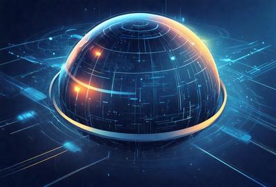 The primary subject of the image is a large, blue, and orange sphere. The setting is a dark blue background, which contrasts with the bright colors of the sphere. The visual style appears to be a digital art or illustration, as the sphere is depicted with a detailed and intricate design. The colors and mood of the image are vibrant and energetic, with the blue and orange hues creating a sense of depth and contrast.