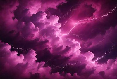 The primary subject of the image is a purple cloud with lightning bolts, creating a dramatic and intense atmosphere. The setting is a dark, cloudy sky, which adds to the overall mood of the scene. The visual style of the image is a combination of photo and digital art, as it captures the vibrant colors and dynamic lightning bolts. The dominant colors in the image are purple and pink, with the lightning bolts adding a contrasting white and yellow hue.