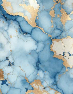 The primary subject of the image is a blue and gold marbled wall. The setting is a room with a blue and gold marbled wall, which serves as the background. The visual style is a combination of photo and digital art, creating a unique and intricate pattern. The dominant colors are blue and gold, giving the wall a luxurious and elegant appearance.