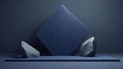 The primary subject of the image is a large blue rock, which is the main object in the scene. The setting is a dark room, with a blue wall and a blue table. The visual style is a photo, and the dominant colors are blue and black. The overall atmosphere is mysterious and intriguing.