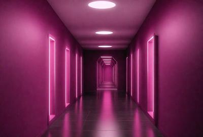 The primary subject of the image is a long, narrow hallway with a pink color scheme. The setting is a dark room with a pink color on the walls. The visual style is a photo, and the colors and mood are predominantly pink, creating a warm and inviting atmosphere.