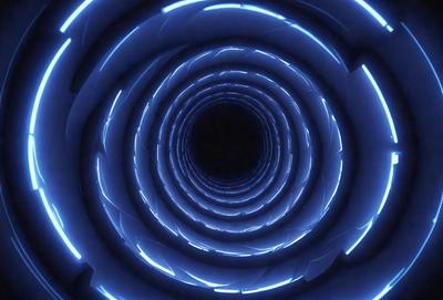 The primary subject of the image is a spiral tunnel, which is a large, curved passage. The setting is a dark, enclosed space, possibly a tunnel or a large room. The visual style of the image is a combination of a photo and digital art, creating a unique and intriguing atmosphere. The dominant colors in the image are blue and black, giving the scene a moody and mysterious feel.