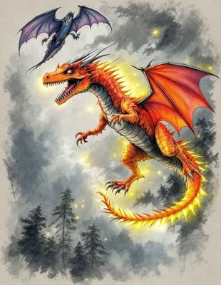 Primary subject: A red dragon with a yellow tail and a green head.

Setting/background: A dark, cloudy sky.

Visual style: Digital art.

Colors and mood: The red dragon has a yellow tail and a green head, creating a vibrant and lively atmosphere.