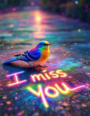 The primary subject of the image is a small bird, which is perched on a sidewalk. The setting is an urban environment, with a sidewalk and a street visible in the background. The visual style of the image is a combination of photo and digital art, creating a unique and eye-catching effect. The dominant colors in the image are pink, blue, and yellow, giving the scene a cheerful and vibrant atmosphere.
