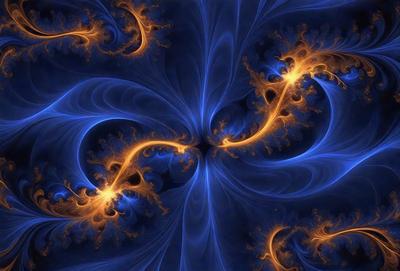 The primary subject of the image is a blue and orange swirling pattern, which appears to be a digital art or illustration. The setting is a blue background, and the visual style suggests that it is a digital creation. The dominant colors are blue and orange, creating a vibrant and dynamic atmosphere.