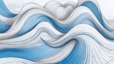 The primary subject of the image is a large, blue wave with white and blue swirls. The wave is depicted in a drawing or illustration style, giving it a unique and artistic appearance. The setting is a blue ocean, and the visual style is a combination of digital art and traditional drawing techniques. The colors and mood of the image are predominantly blue and white, creating a sense of calmness and tranquility.