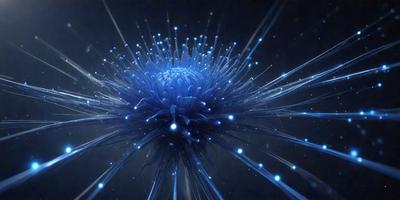 The primary subject of the image is a blue flower with a purple center, surrounded by a mass of blue and purple wires. The setting appears to be a dark, possibly futuristic environment. The visual style of the image is a combination of digital art and illustration, creating a unique and intriguing scene. The dominant colors in the image are blue and purple, giving the image a calm and serene atmosphere.
