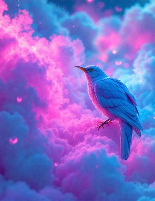 The primary subject of the image is a blue bird perched on a cloud. The bird is the focal point of the scene, and it appears to be looking upwards. The setting is a colorful, cloudy sky, which serves as the backdrop for the bird. The visual style of the image is a combination of photo and digital art, creating a vibrant and lively atmosphere. The dominant colors in the image are pink, blue, and white, which contribute to the overall mood of the scene.