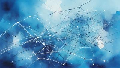 The primary subject of the image is a blue background with a network of white lines or connections. The setting appears to be a digital art or illustration, as the lines are intricately interconnected, creating a complex and visually appealing pattern. The visual style suggests that the image is a painting or a digital artwork, rather than a photo or a clipart. The dominant colors are blue and white, creating a sense of depth and complexity in the artwork.