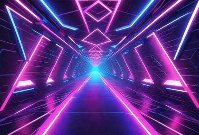 The primary subject of the image is a long, brightly lit tunnel with a purple and pink neon lighting. The setting is a futuristic environment, possibly a space station or a high-tech facility. The visual style is a digital art or illustration, with the tunnel appearing to be a part of a larger, interconnected network. The dominant colors and overall atmosphere are vibrant and energetic, creating a sense of excitement and wonder.