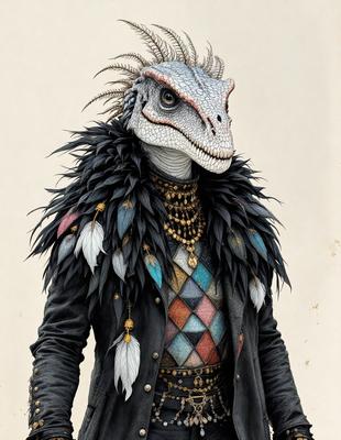 The primary subject of the image is a dinosaur-like creature with a long neck and a black and white color scheme. The creature is wearing a black coat with a colorful pattern, and it has a feathered design. The setting is a white background, and the visual style is a combination of digital art and illustration. The colors and mood of the image are dark and dramatic, with the black and white color scheme adding to the overall atmosphere.
