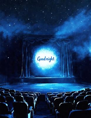 Goodnight: A blue sign with white letters on a stage.
