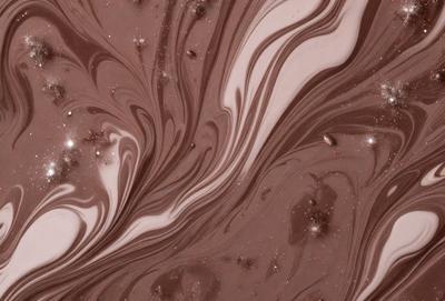 The primary subject of the image is a close-up of a chocolate-covered cake with a swirled pattern. The setting is a kitchen, and the visual style is a close-up of the cake. The colors and mood of the image are predominantly brown and rich, creating a warm and inviting atmosphere.