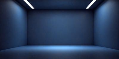 The primary subject of the image is a large, empty room with a blue wall. The setting is a dark room with a blue wall, and the visual style is a photo. The colors and mood of the image are predominantly blue, creating a calm and serene atmosphere.