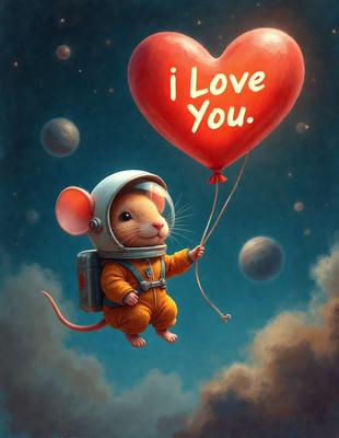 The primary subject of the image is a small mouse wearing a space suit and holding a heart-shaped balloon. The mouse is flying through the air, creating a whimsical and playful scene. The setting is a cloudy sky, which adds to the overall atmosphere of the image. The visual style is a digital art, as it is a well-crafted and detailed illustration. The colors are predominantly shades of pink and orange, which contribute to the warm and cheerful mood of the image.