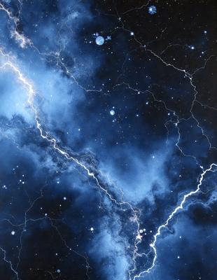 The primary subject of the image is a blue and white starry sky with a lightning bolt streaking through it. The setting is a dark, star-filled sky, and the visual style is a painting or drawing. The colors and mood of the image are predominantly dark and dramatic, with the lightning bolt adding a sense of motion and energy to the scene.